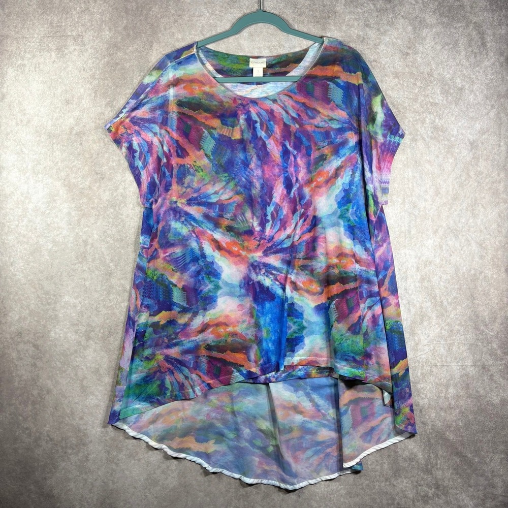 Chico's Top‎ Womens Size 3 US XL Multicolor Watercolor Mesh Short Sleeve Hi-Low